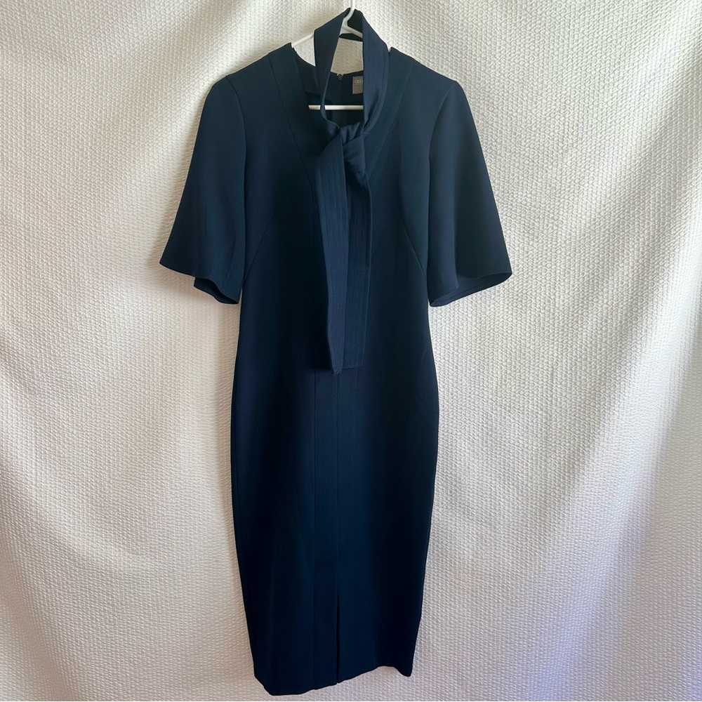 ASOS Navy Blue Tie Neck Bow Sheath Midi Dress Short Sleeve Career Size 4